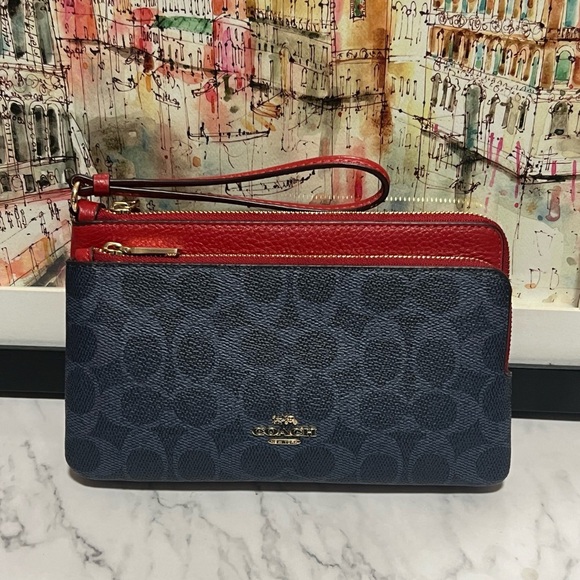 NWT Coach Double Zip Wallet Wristlet Signature Canvas Denim Red CX161 - Picture 1 of 8
